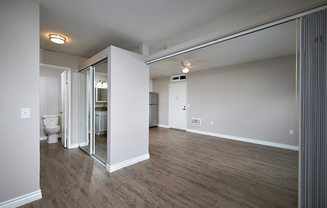 Studio bedroom, closet and bathroom area