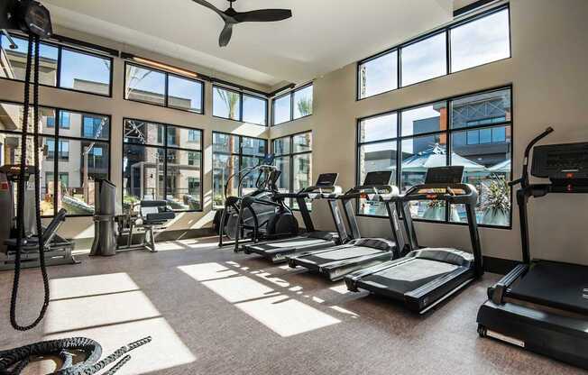 A gym with treadmills, elliptical machines, and a rowing machine.