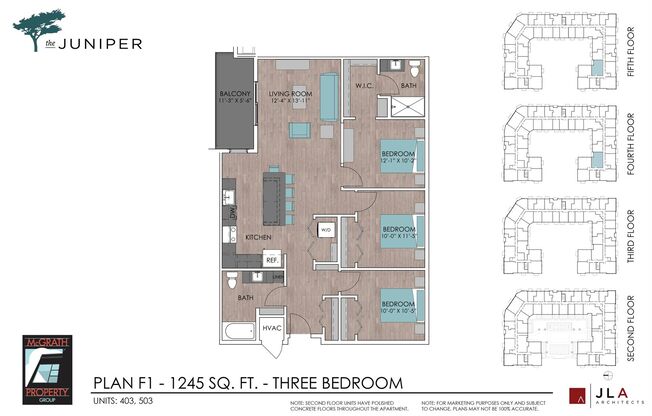3 beds, 2 baths, 1,245 sqft, $2,340, Unit 403