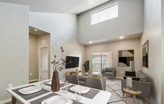 A modern dining room with a table set for two.