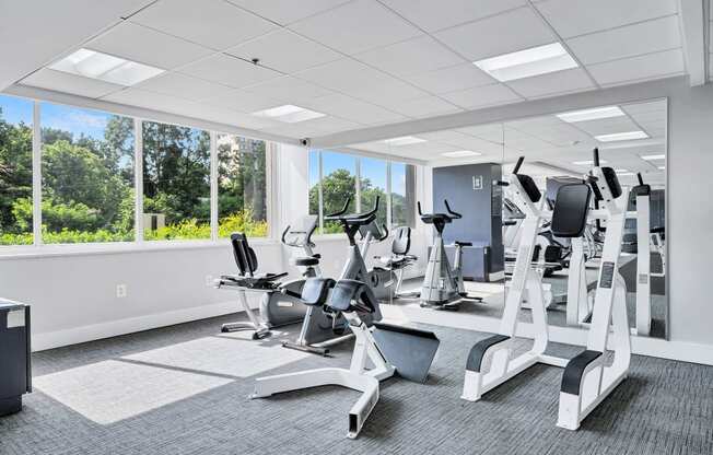 a gym with various cardio machines and windows in a building