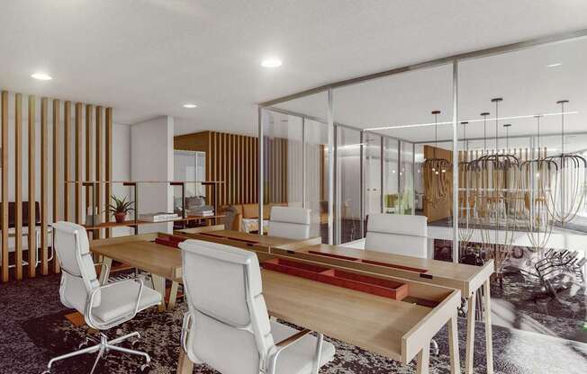A modern dining room with a glass partition and a wooden table.