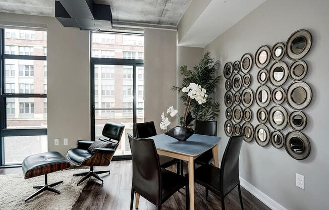 a view of a living room with a window and a table