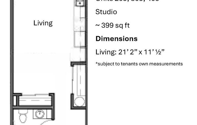 Studio, 1 bath, 398 sqft, $1,300, Unit 309