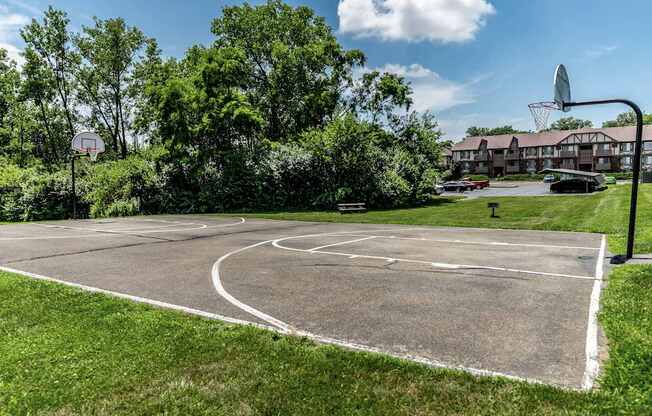 A basketball court surrounded by trees and a building in the background