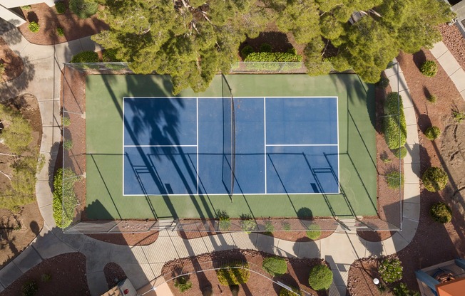 an aerial view of a tennis court with green grass and trees