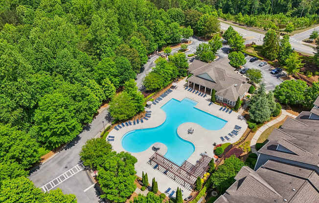 An aerial view of a swimming pool surrounded by trees.