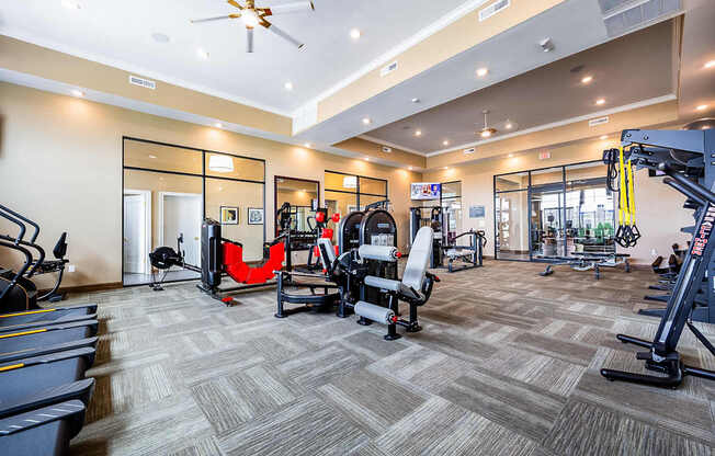 A gym with a variety of equipment including treadmills, weights, and a fan.