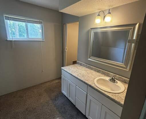 a bathroom with a sink and a mirror and a window