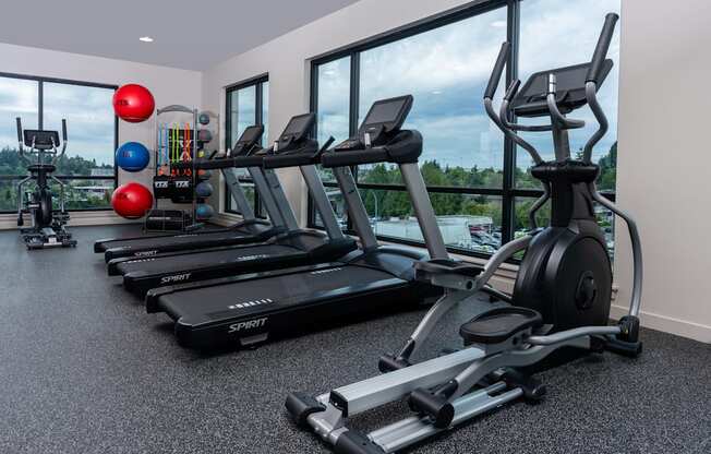 A gym with treadmills, exercise balls, and weights.
