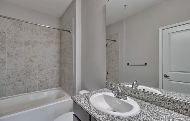 a bathroom with a sink and a tub and a mirror at Nexus at Sandhill, Columbia, SC 29229