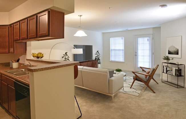 Kitchen with Living Room View at Irene Woods Apartments, Collierville