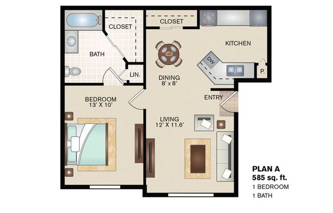 1 bed, 1 bath, 585 sqft, $839