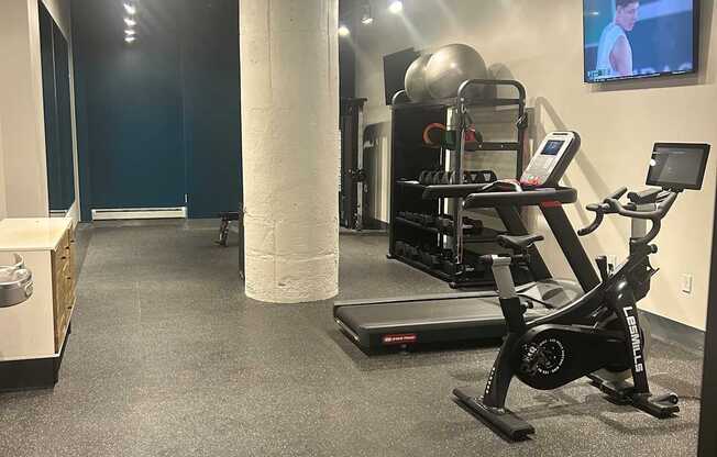 A gym with a treadmill, a rowing machine and a television.