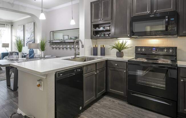 The Retreat at Cinco Ranch apartment kitchen with black appliances