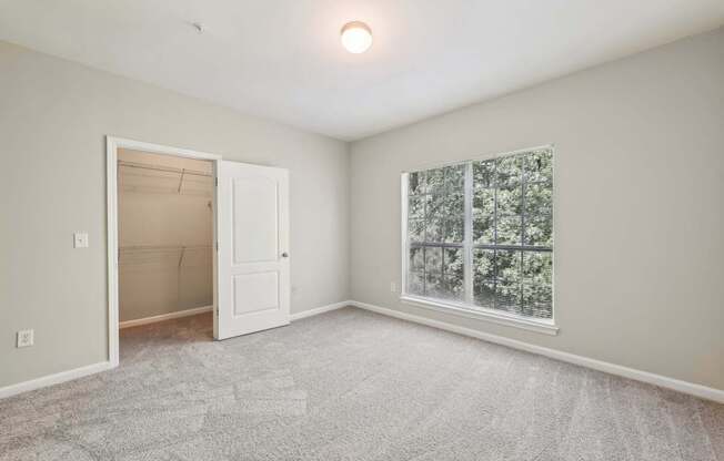 A spacious bedroom with a carpeted floor, a large closet, and a window