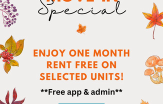 a graphic of leaves with text that says move in special and enjoy one month rent