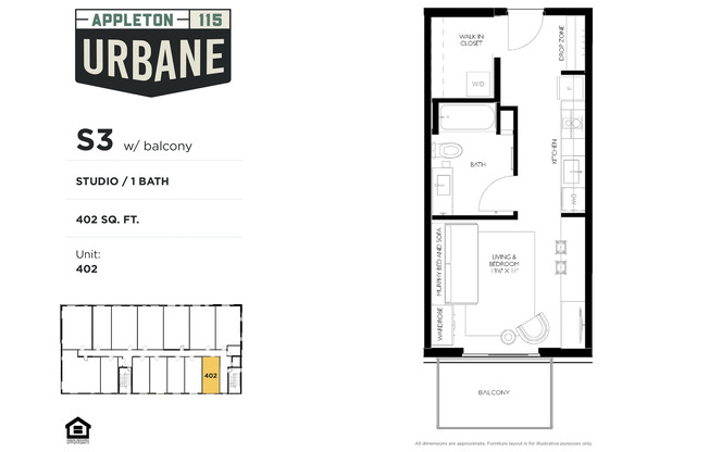Studio, 1 bath, 402 sqft, $1,225, Unit 302