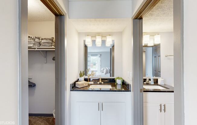 a bathroom with a sink and a mirror and a closet