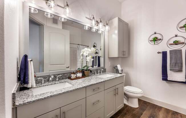 A bathroom with a large mirror, a sink, a toilet, and a cabinet.