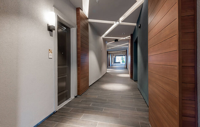 Modern and inviting corridors at Encore Boulevard One Apartments, 7108 E Lowry Boulevard, CO