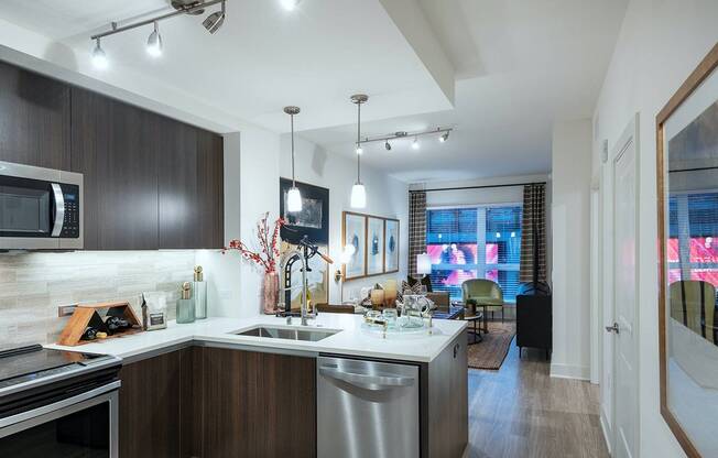 Open-concept kitchen and living space with light wood-style floors, dark frameless cabinets, stainless appliances, and floor-to-ceiling windows