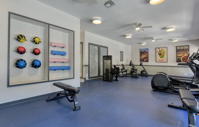 A gym with a variety of equipment including treadmills, weights, and exercise balls.