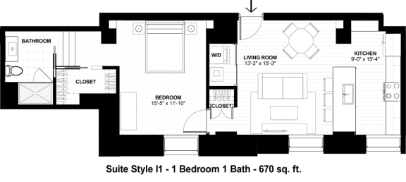 1 bed, 1 bath, 670 sqft, $1,413