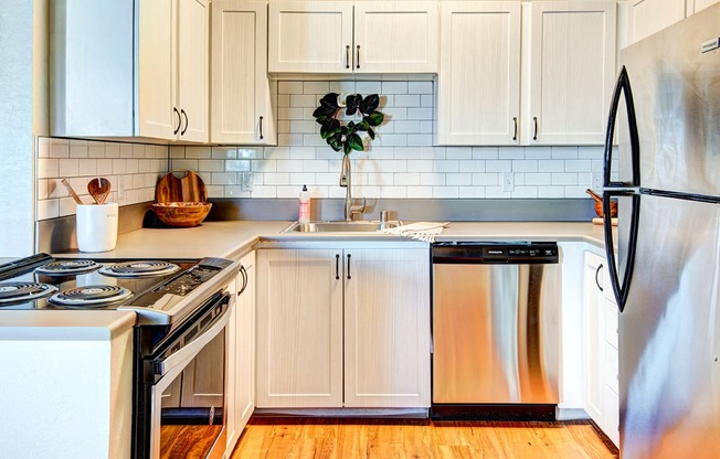 Everett Apartments=-  The Lynx Kitchen with Stainless Steel Appliances