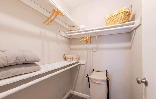 A small white closet with a basket on top shelf.