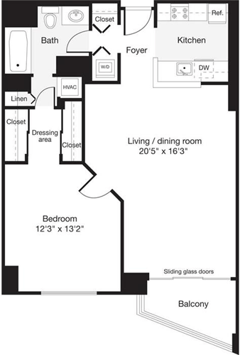 1 bed, 1 bath, 693 sqft, $2,543