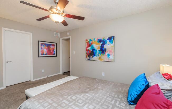 a bedroom with a bed in a room