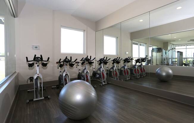 Indoor yoga and spin studio with two large windows and a full mirrored wall.