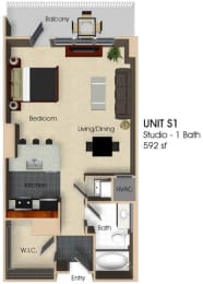 Studio, 1 bath, 592 sqft, $1,845