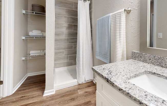 A bathroom with a marble countertop and a walk-in shower.