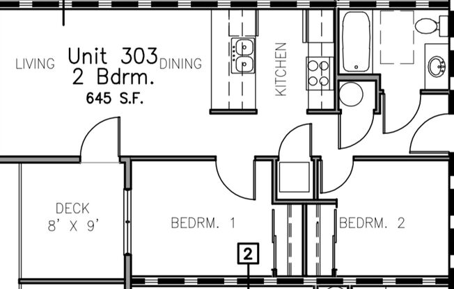 2 beds, 1 bath, 645 sqft, $1,880, Unit 303
