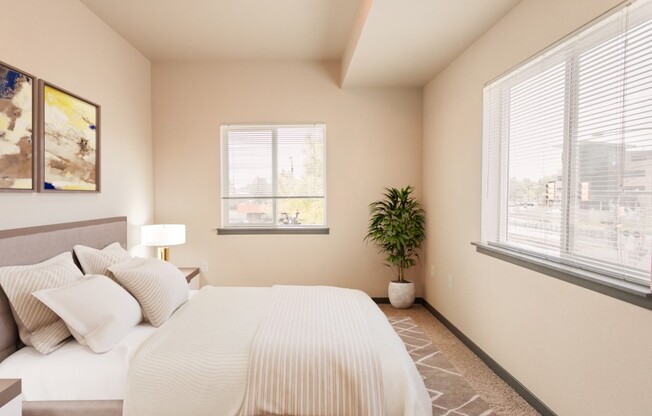 a bedroom with a large white bed and two windows