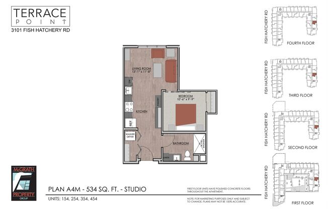 1 bed, 1 bath, 534 sqft, $1,395, Unit 354