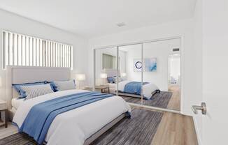 a bedroom with two beds and a sliding glass door