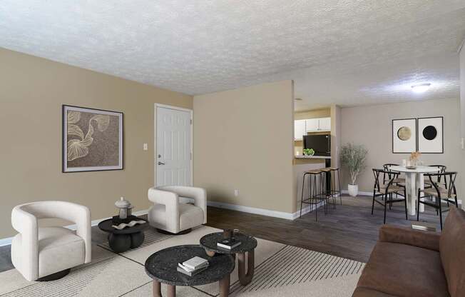 A living room with a brown couch, a coffee table, and a dining table with chairs.