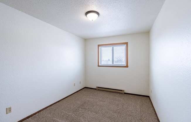 a bedroom of an empty house with carpet and a window. Fargo, ND Plumtree Apartments