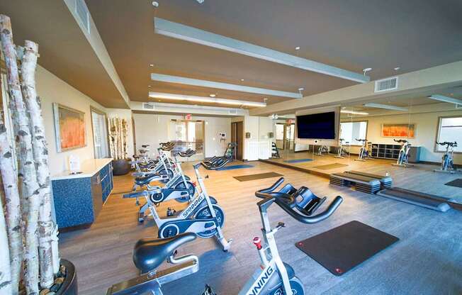 an indoor gym with exercise bikes and a tv