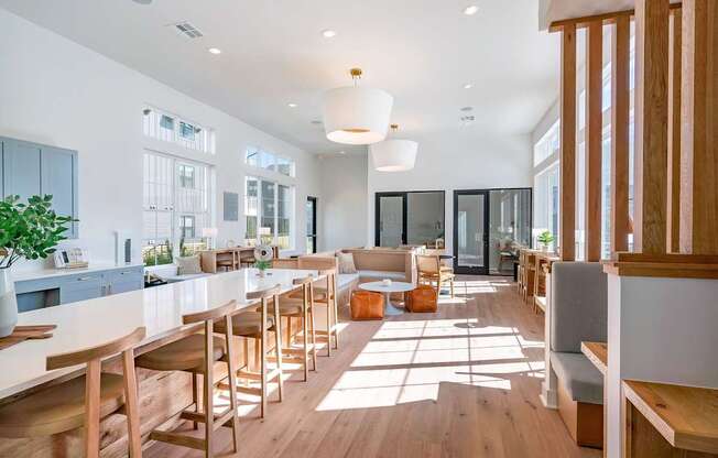 a communal area with tables and chairs