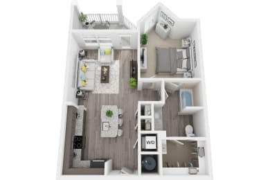 3D 778sf 1 bed 1 bath floor plan  at The Flats at Ballantyne Apartments, North Carolina, 28277