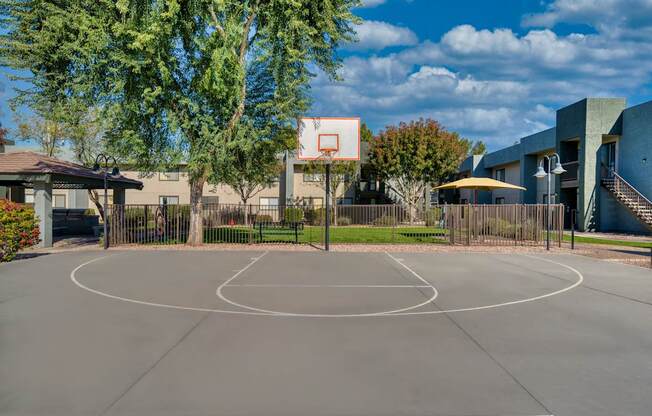 A basketball court is surrounded by trees and buildings.