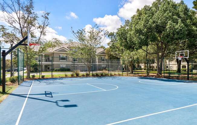 A basketball court is surrounded by a fence and trees.