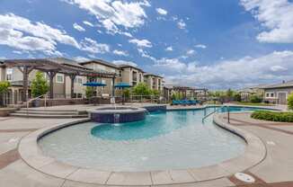 the preserve at ballantyne commons pool and amenities with apartment buildings