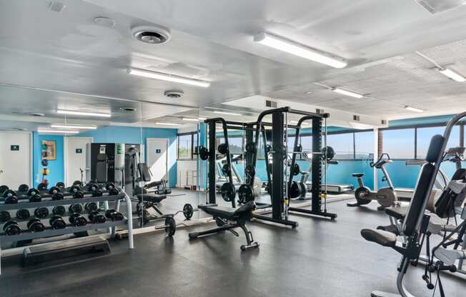a photo of a gym with weights and other exercise equipment