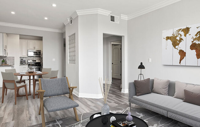 Hardwood floored living room with view of dining room.