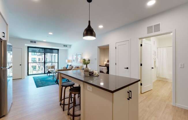 Kitchen With Living Area at The Hill Apartments, Saint Paul, MN